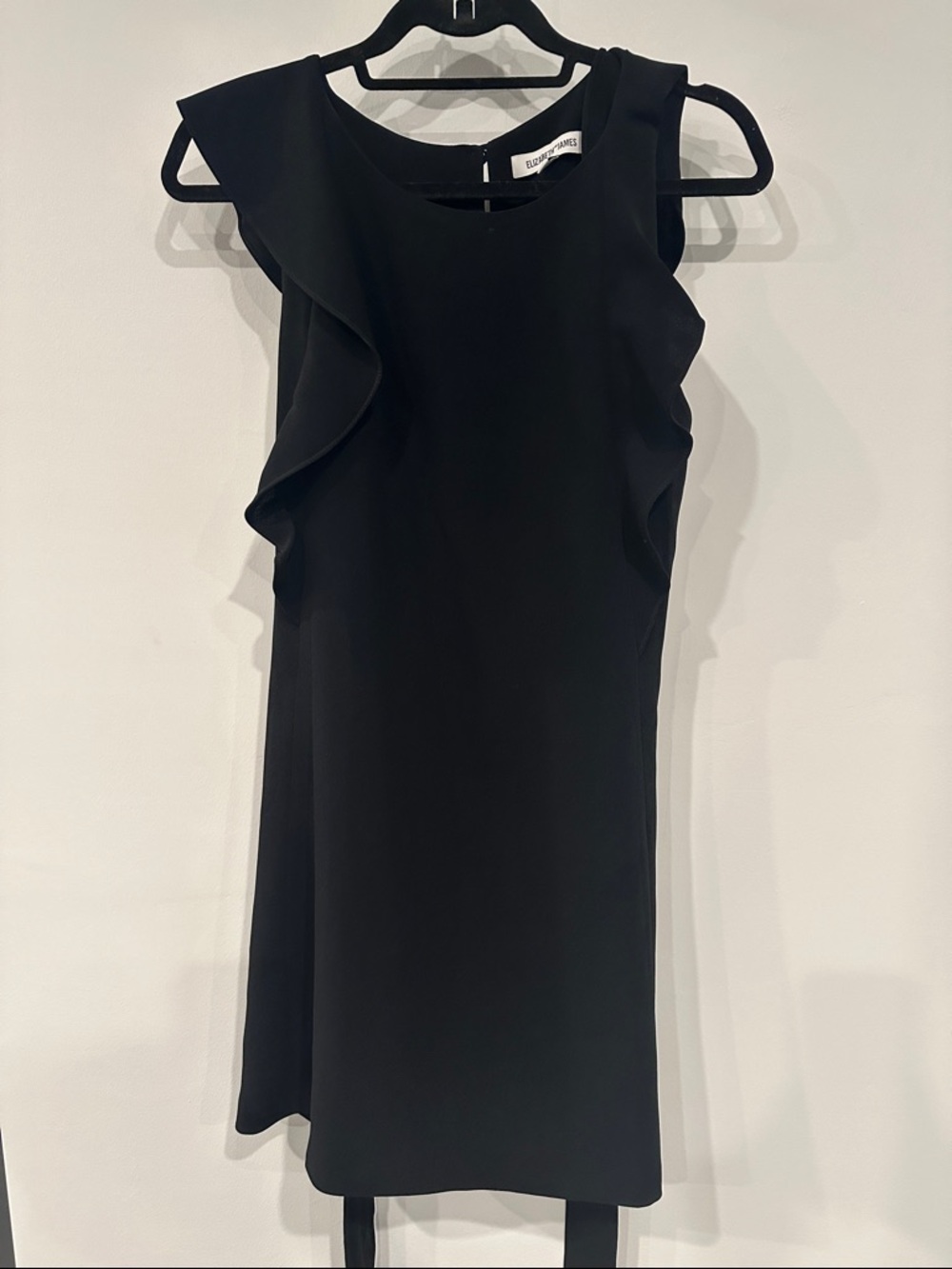 Elizabeth and James Black Ruffle-Shoulder Mini Dress
